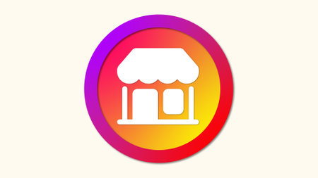 A white icon of a small store with an awning, set against a circular gradient background transitioning from purple to yellow.の写真素材