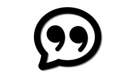 A black quotation mark symbol inside a speech bubble on a white background.の写真素材