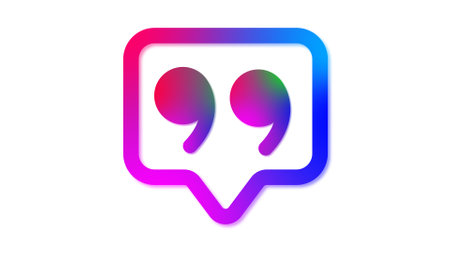 A gradient color quotation mark symbol inside a speech bubble on a white background.の写真素材