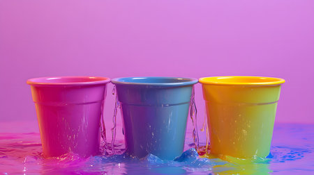 Three colorful plastic pots in pink, blue, and yellow, with water flowing out, set against a vibrant purple background. The scene is bright and playful, evoking a sense of fun and creativity.の素材
