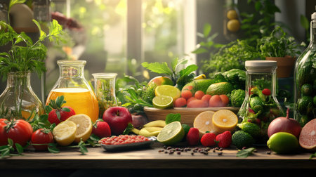 A vibrant collection of fresh organic fruits and vegetables beautifully arranged in a sunlit kitchen. Ideal for health, cooking, and lifestyle themes.の素材