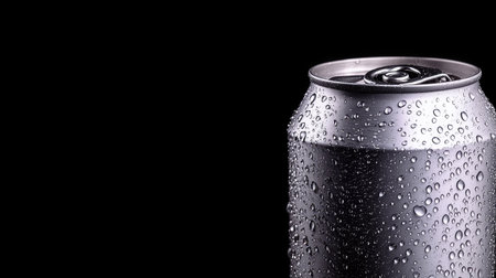 This close-up image showcases a metallic soda can adorned with water droplets against a black background. Ideal for beverage-related themes.の素材