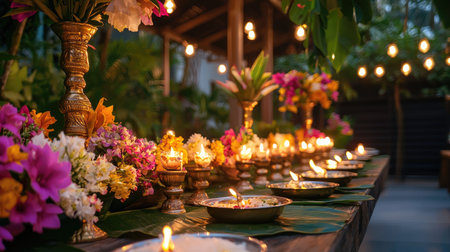 A stunning outdoor celebration featuring vibrant flowers and glowing candles, creating a serene ambiance perfect for gatherings and festive occasions.の素材