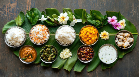 A vibrant display of traditional Indian cuisine served on fresh banana leaves, showcasing an array of dishes including rice, curry, and garnishes, perfect for festive occasions.の素材