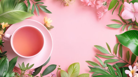A soft pink background features a delicate tea cup surrounded by fresh green leaves and vibrant flowers, evoking a sense of tranquility and natural beauty.の素材