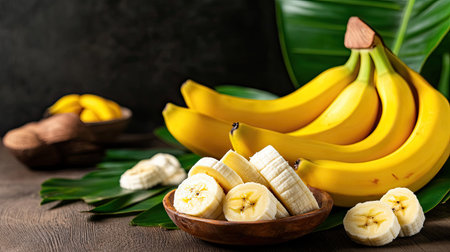 A vibrant arrangement of fresh bananas with slices in a wooden bowl. Surrounded by green leaves, this image highlights healthy eating, nutrition, and tropical flavors.の素材