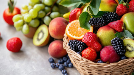 A vibrant arrangement of fresh seasonal fruits in a woven basket, showcasing colorful apples, berries, and citrus on a light stone table. Perfect for promoting healthy eating.の素材