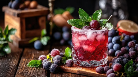 A delightful berry cocktail served in a stylish glass, garnished with fresh mint, perfect for summer gatherings or relaxing moments. Refreshing and vibrant.の素材
