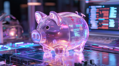 A futuristic piggy bank symbolizes savings and investment in a digital world. The transparent design showcases vibrant lights, reflecting modern finance trends and technology.の素材