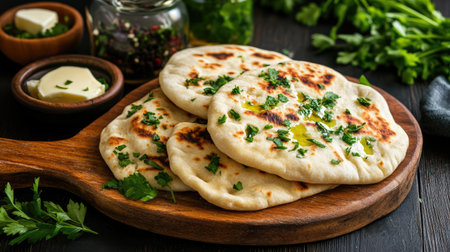 Indulge in freshly grilled flatbreads topped with herbs and butter, perfect for any meal. This delicious treat offers a rustic touch for your dining experience.の素材