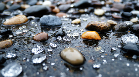A detailed close-up view of assorted pebbles and water droplets on a wet surface. The image captures the natural beauty and textures found in nature.の素材