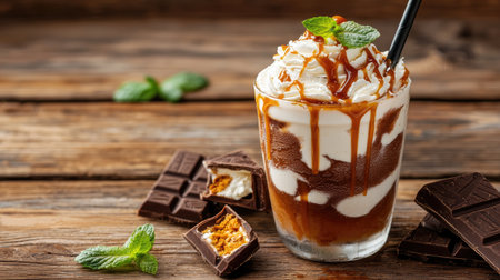 A delectable dessert featuring creamy whipped topping drizzled with caramel, chocolate pieces, and mint leaves, perfect for any sweet tooth occasion.の素材