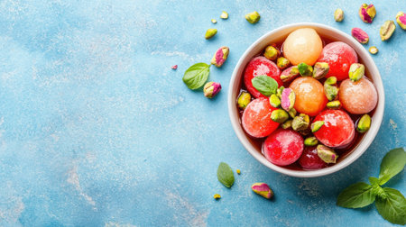 A vibrant bowl filled with fresh fruits, pistachios, and mint leaves, set against a soft blue background. Perfect for summer snacking and healthy eating.の素材