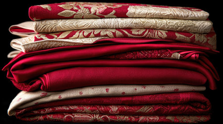 A beautiful arrangement of elegant textiles in rich red and cream tones, showcasing intricate patterns and luxurious textures, perfect for interior design inspiration.の素材
