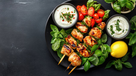 A vibrant platter featuring grilled chicken skewers accompanied by fresh vegetables, yogurt sauce, and aromatic herbs, perfect for a summer gathering.の素材