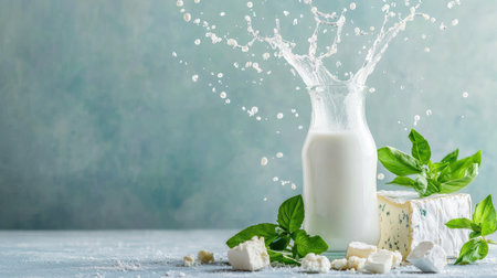 A refreshing splash of milk emerges from a glass bottle, surrounded by various cheese types and vibrant green basil leaves, evoking a farm-fresh culinary experience.の素材