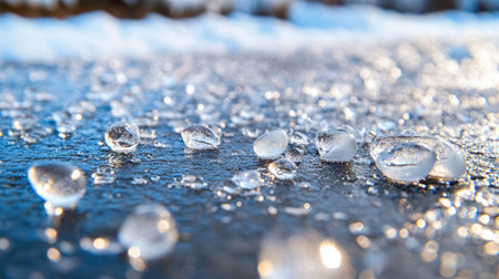 This captivating image showcases delicate water droplets resting on a slick icy surface, illuminated by natural light, capturing the beauty of winter.の素材