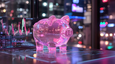 A transparent piggy bank sits on a digital table, showcasing stock market data. The image reflects themes of finance, savings, investment, and economic growth.の素材