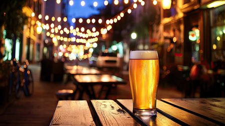 A refreshing glass of beer sits on a wooden table in a vibrant evening street scene adorned with warm lights, perfect for relaxation and social gatherings.の素材