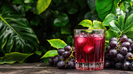 A refreshing red berry drink sits in a glass filled with ice, surrounded by lush green leaves and ripe grapes. Perfect for summer gatherings or relaxation.の素材