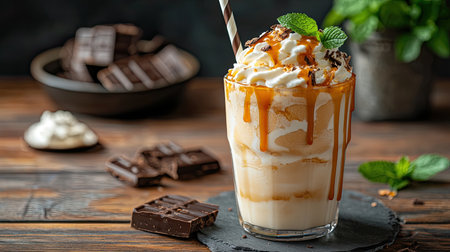 A decadent caramel milkshake topped with whipped cream, chocolate drizzle, and mint leaves, perfect for satisfying sweet cravings on warm days.の素材