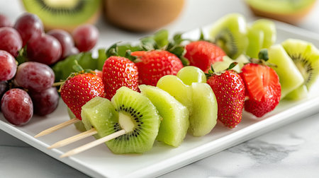A visually appealing plate of colorful fruit skewers showcasing fresh kiwi, strawberries, grapes, and melon, perfect for summer gatherings or healthy snacks.の素材