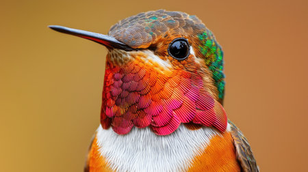 Stunning close-up of a vibrant hummingbird showcasing intricate feather patterns and brilliant colors. A captivating portrait celebrating nature's beauty.の素材