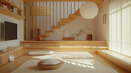 This tranquil minimalist interior showcases wood elements and natural light, creating a serene atmosphere perfect for relaxation and comfort in modern living.の素材