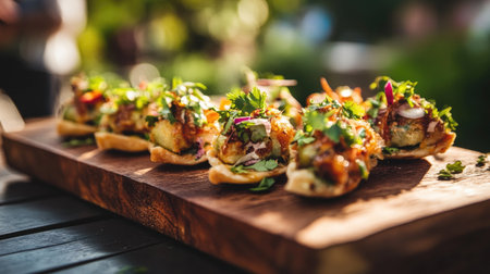 A beautifully arranged platter of freshly made appetizers garnished with vibrant herbs, ideal for outdoor gatherings and social events.の素材