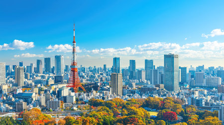 Vibrant Tokyo cityscape featuring the iconic tower framed by colorful autumn foliage. Perfect for travel and landscape themes, showcasing the beauty of urban life.の素材