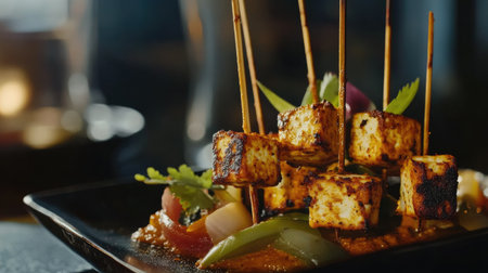 Tantalizing grilled tofu skewers served with vibrant vegetables on a sleek black plate. Perfect for a healthy, appetizing meal or appetizer.の素材