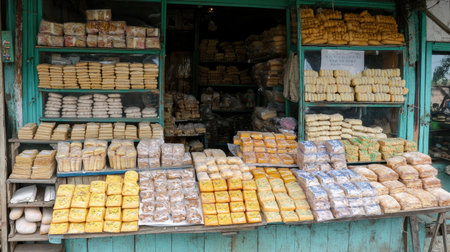 A vibrant bakery scene showcasing various types of traditional breads and pastries stacked neatly on shelves, emphasizing fresh and artisanal qualities.の素材