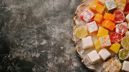 A vibrant assortment of traditional Turkish delight placed on an elegant plate. This sweet treat features a variety of flavors and colors, perfect for sharing and celebrating moments.の素材