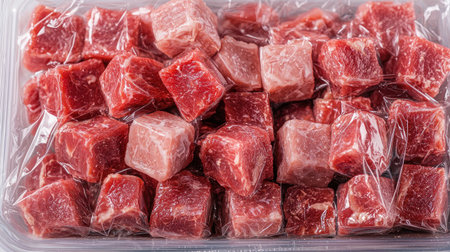 A close-up view of fresh beef cubes neatly wrapped in clear plastic. Ideal for culinary preparations, these protein-rich morsels are perfect for various recipes.の素材