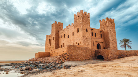 A striking desert castle emerges from the sandy landscape, showcasing ancient architecture against a dramatic sky. Perfect for travel themes.の素材