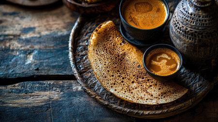 Experience the fusion of flavors with a traditional dosa served alongside rich coffee, beautifully arranged on a rustic wooden table. Perfect for breakfast or a cozy gathering.の素材