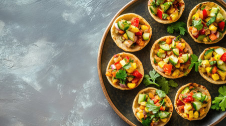 A vibrant display of mini tortilla cups filled with a fresh veggie salsa mix. Perfect for appetizers, parties, and healthy snacking options.の素材