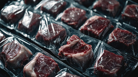 Close-up of vacuum-sealed red meat packages arranged neatly for display in a grocery store. This image highlights the freshness and quality of the product.の素材