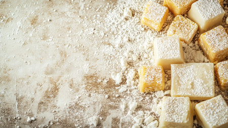 Close-up of assorted confectionery cubes dusted with powdered sugar on a rustic wooden surface. A delightful treat perfect for celebrations or special occasions.の素材
