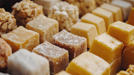 A close-up view showcasing an array of colorful fudge candies delightfully arranged. Each piece displays unique textures and flavors, enticing shoppers.の素材