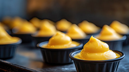 A visually appealing arrangement of creamy yellow dessert served in individual black bowls, showcasing the smooth texture and vibrant color against a dark background.の素材
