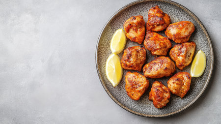 A beautiful plating of grilled chicken thighs garnished with lemon slices on a textured plate. Perfect for summer barbecues or family dinners.の素材