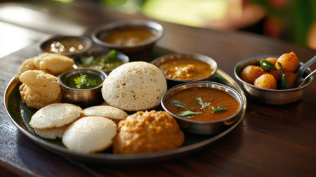 Experience a vibrant South Indian cuisine platter showcasing a variety of authentic dishes. Perfect for food lovers and culinary enthusiasts alike.の素材