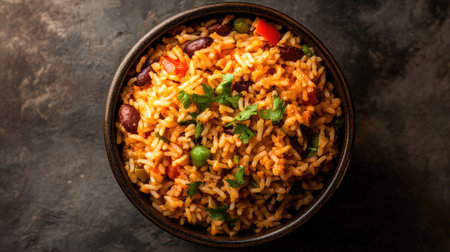 A vibrant and flavorful rice bowl featuring spicy rice, beans, and fresh vegetables. This appetizing dish is perfect for a nutritious meal or gathering.の素材