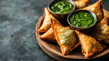 A plate of crispy samosas accompanied by vibrant green chutney, perfect for snacks or appetizers. Ideal for food lovers seeking authentic cuisine.の素材