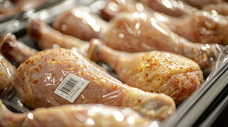 Close-up view of fresh chicken drumsticks in clear packaging, showcasing raw meat ready for sale at a grocery store, ideal for meal preparation or grilling.の素材