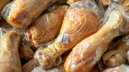 High-quality image of raw chicken drumsticks neatly packaged in transparent plastic. Perfect for illustrating meals, cooking preparations, and grocery shopping themes.の素材