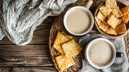 A cozy arrangement featuring two cups of coffee, crispy snacks, and a soft blanket on a rustic wooden table, perfect for a warm gathering.の素材
