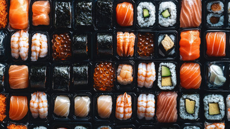 A vibrant assortment of sushi presented on a black platter, showcasing various rolls and ingredients. Perfect for culinary and food art projects.の素材