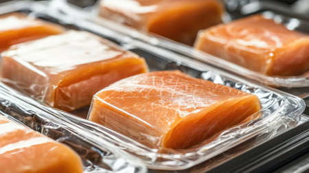 High-quality fresh salmon fillets neatly packaged in vacuum seal for preservation. Ideal for home kitchens or professional culinary settings. Perfect for healthy meals.の素材